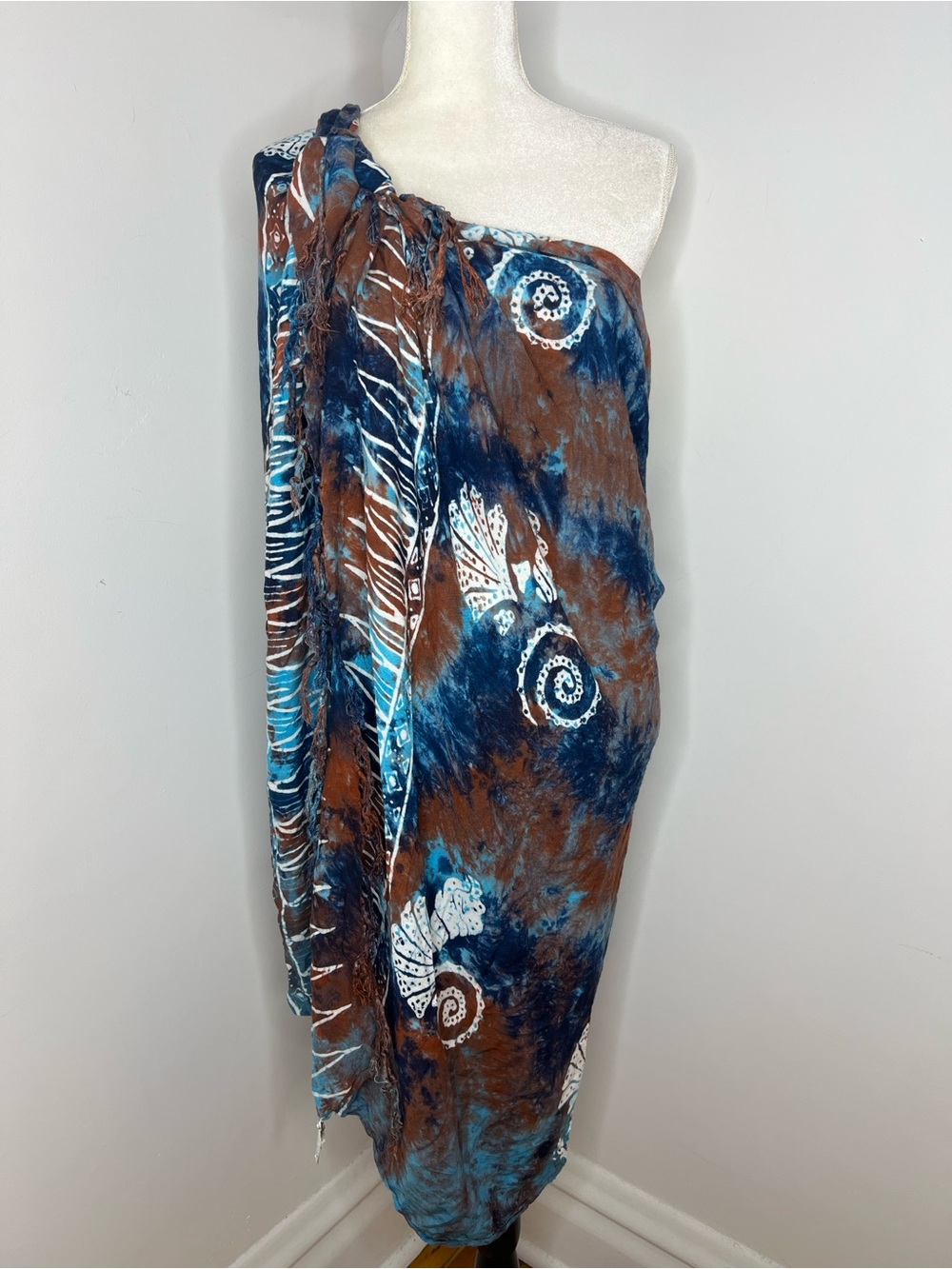 Koko Kano Rayon Batik Sarong Wrap Skirt Fringe Boho Beach Cover Up